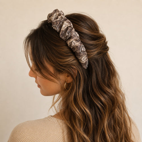 Second Soie ruched headband made from a vintage Givenchy scarf in neutral taupe, ivory, and charcoal tones.