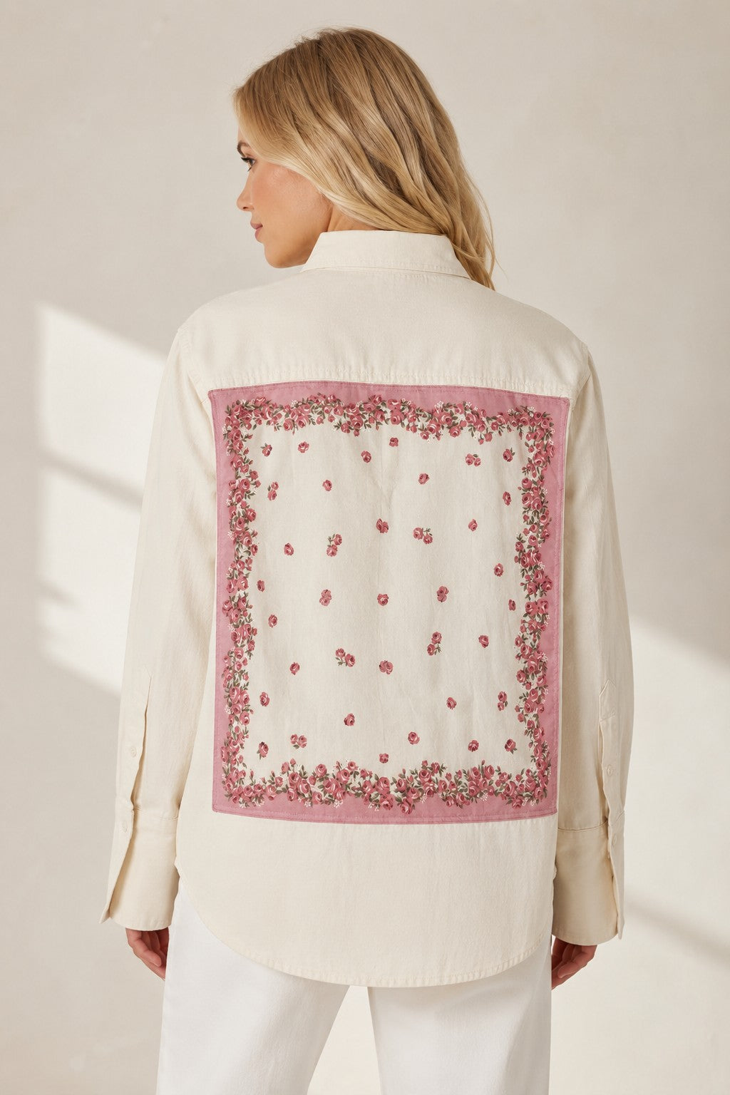 Second Soie ivory denim overshirt featuring a vintage Pierre Balmain floral rose scarf panel on the back