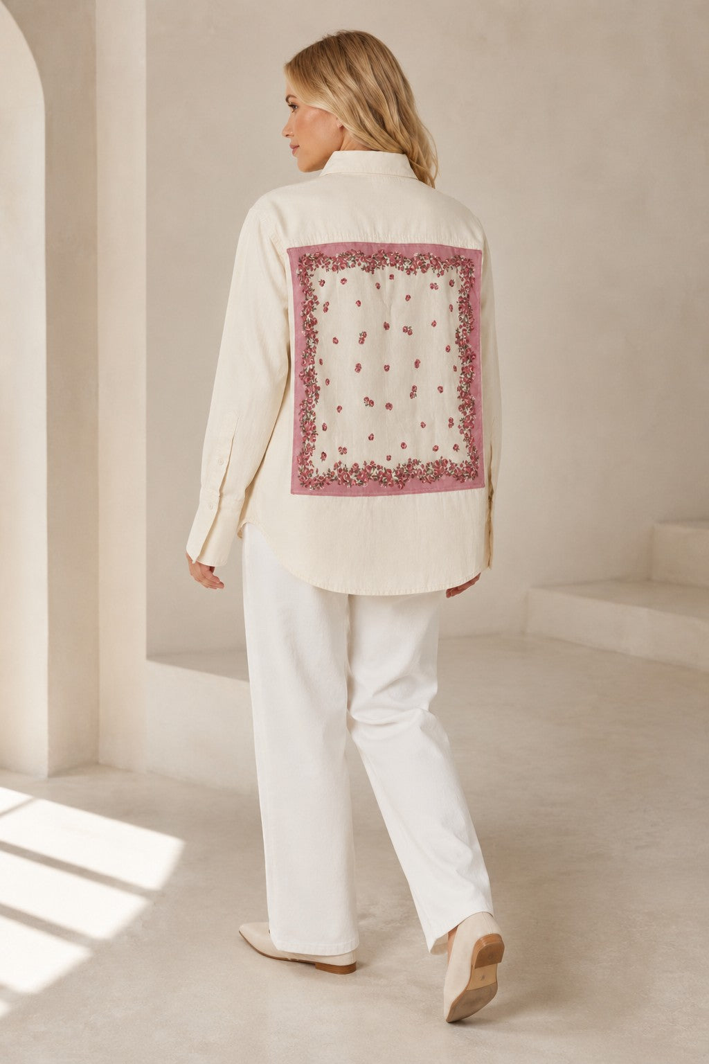 Second Soie ivory denim overshirt featuring a vintage Pierre Balmain rose floral scarf panel on the back