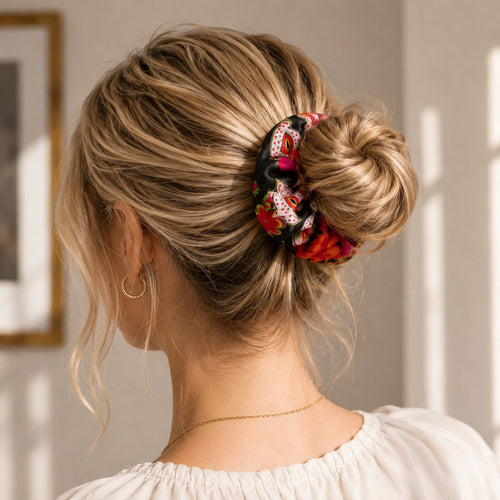 Second Soie jumbo silk scrunchie with crimson floral and paisley print worn in a messy bun by a blonde woman