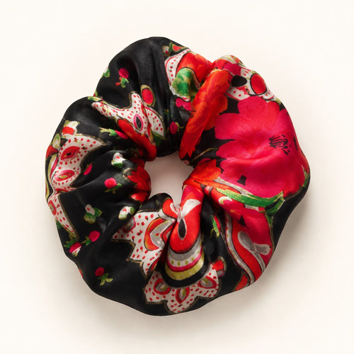 Second Soie jumbo scrunchie made from a vintage Oscar de la Renta silk scarf with crimson floral and paisley print.