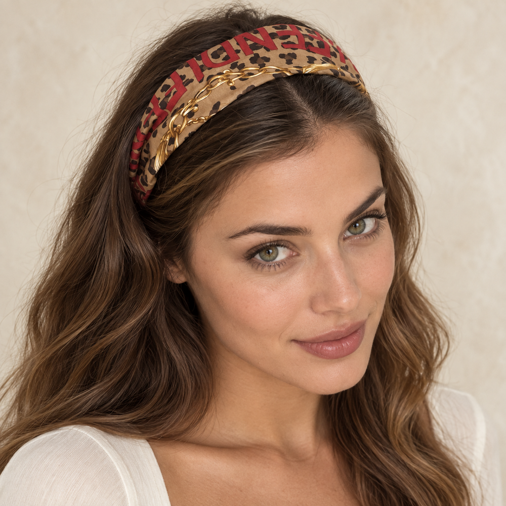 Second Soie leopard print headband made from a vintage Fendi scarf with gold chain detail worn by a woman