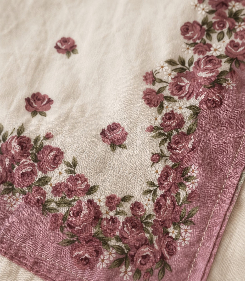Close-up of a Second Soie ivory denim overshirt featuring a vintage Pierre Balmain floral rose scarf panel