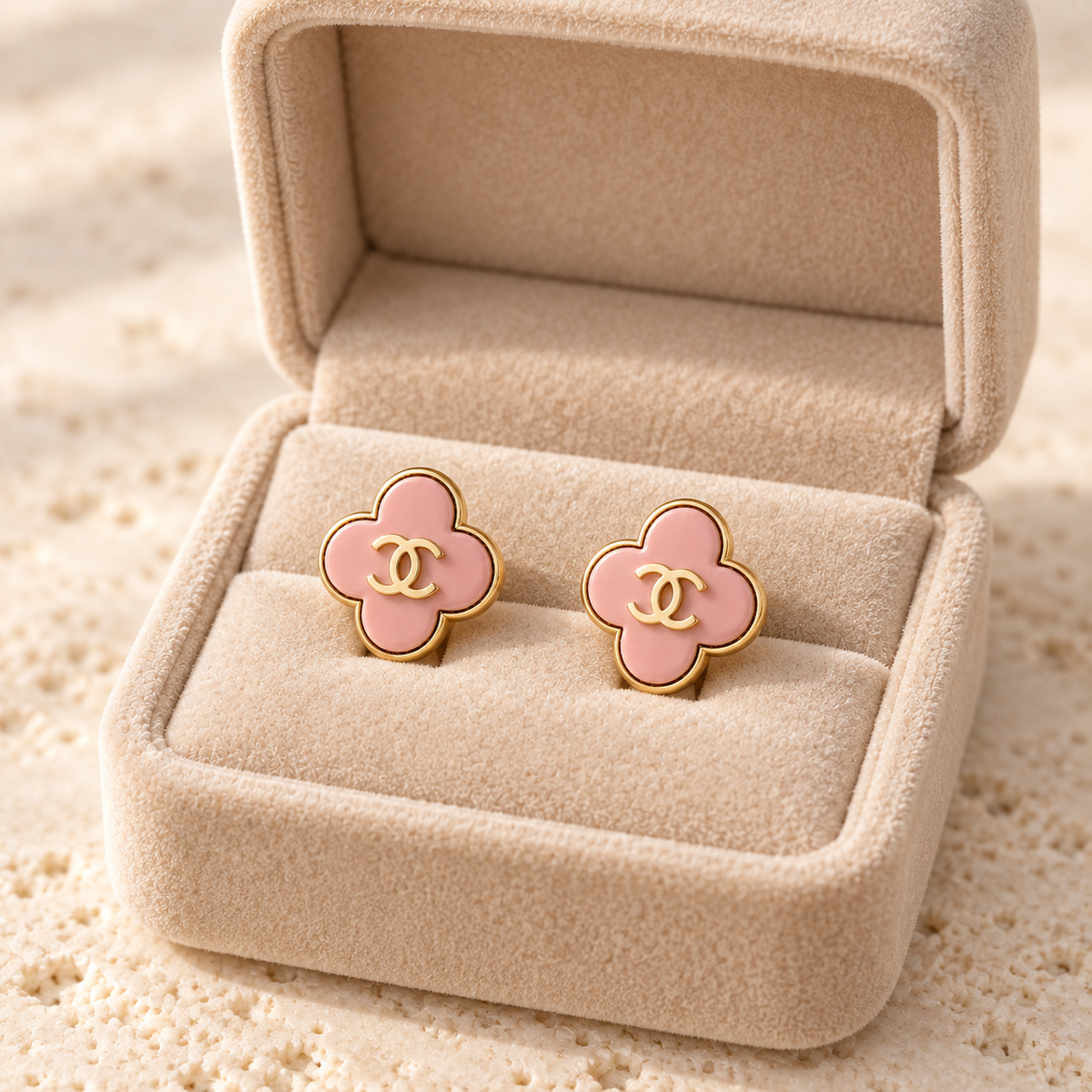 Second Soie vintage Chanel clover stud earrings in blush-pink enamel and gold-tone metal inside a beige jewelry box.