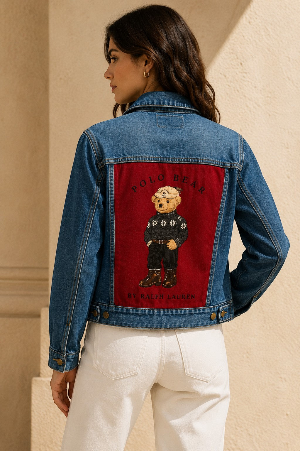 Second Soie medium wash denim jacket featuring a vintage Ralph Lauren Polo Bear textile patch on the back