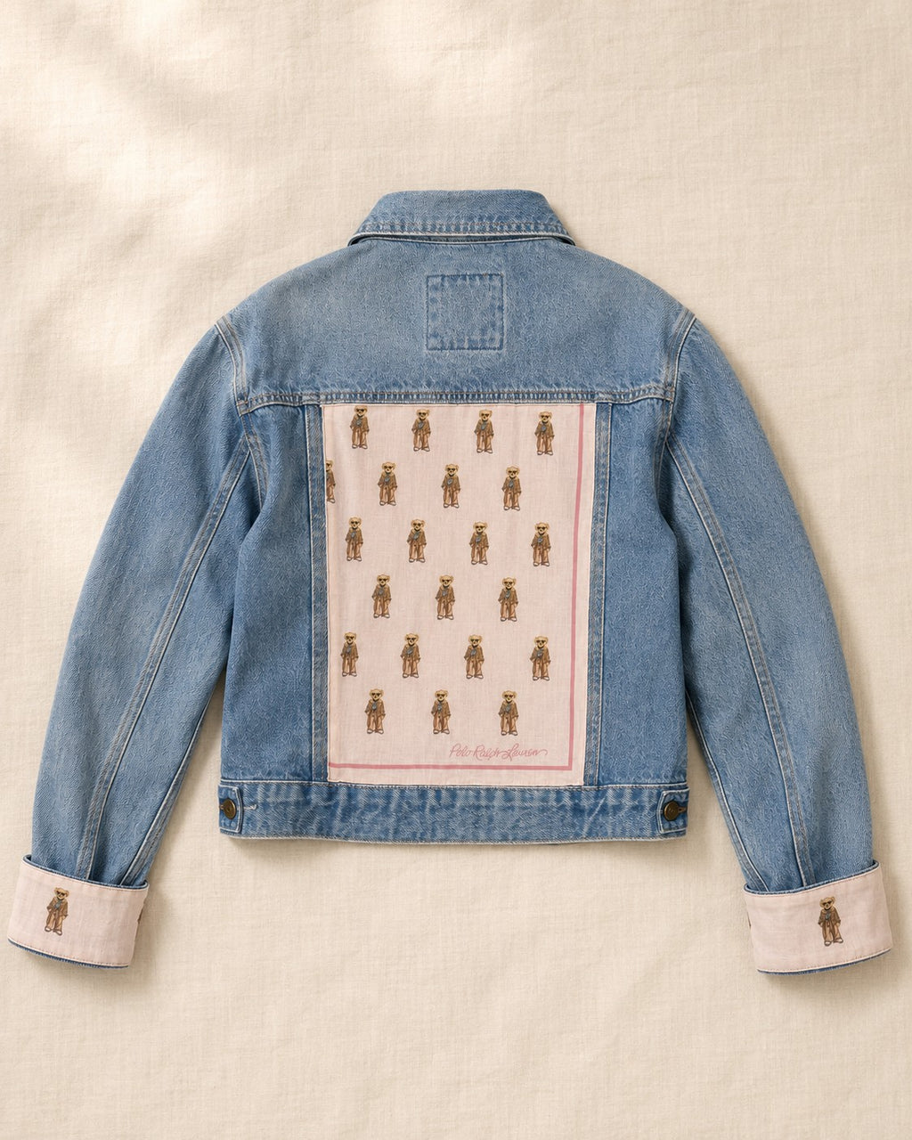 Second Soie denim jacket featuring a vintage Polo Ralph Lauren blush pink scarf with Polo Bear print on the back
