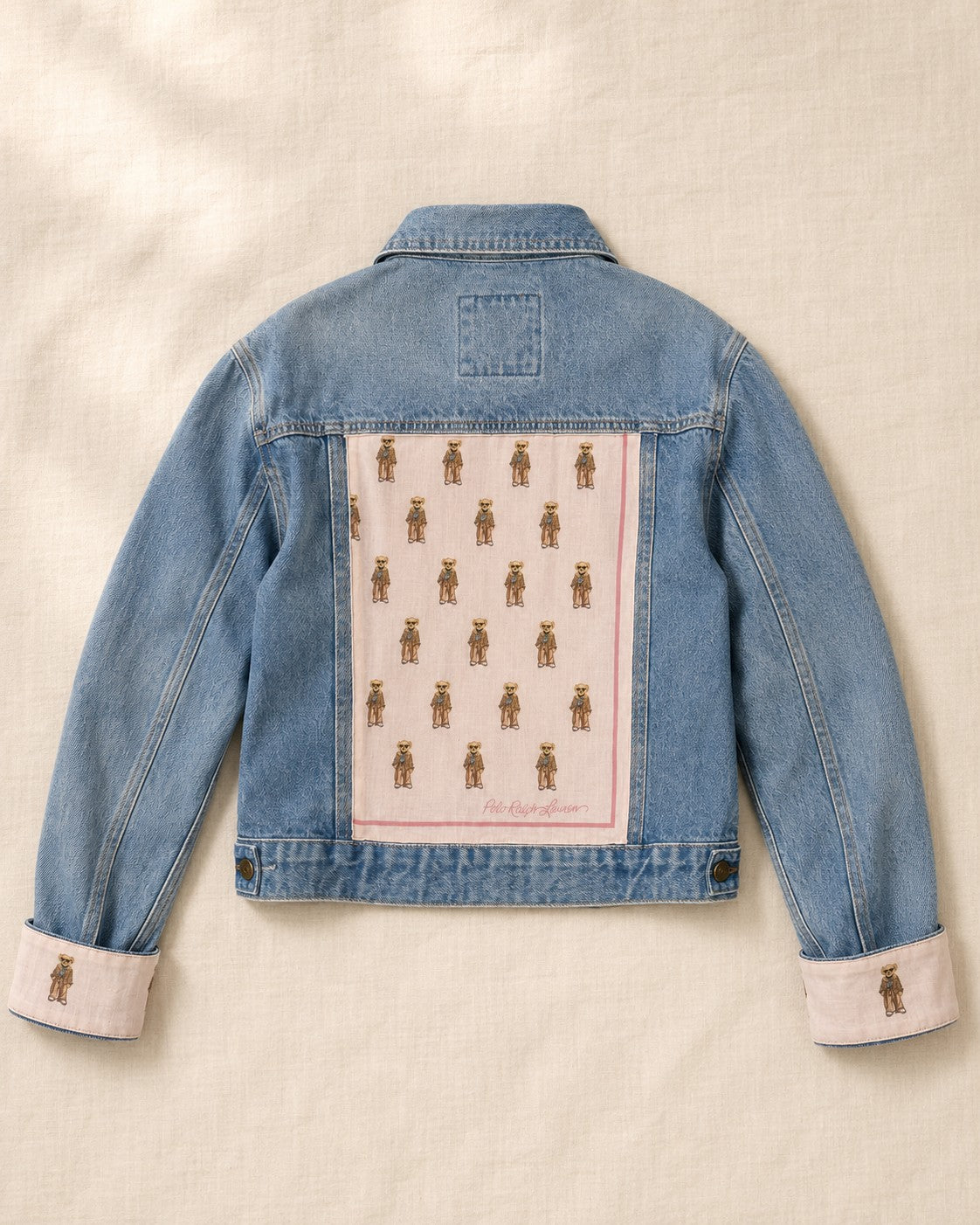 Second Soie denim jacket featuring a vintage Polo Ralph Lauren blush pink scarf with Polo Bear print on the back