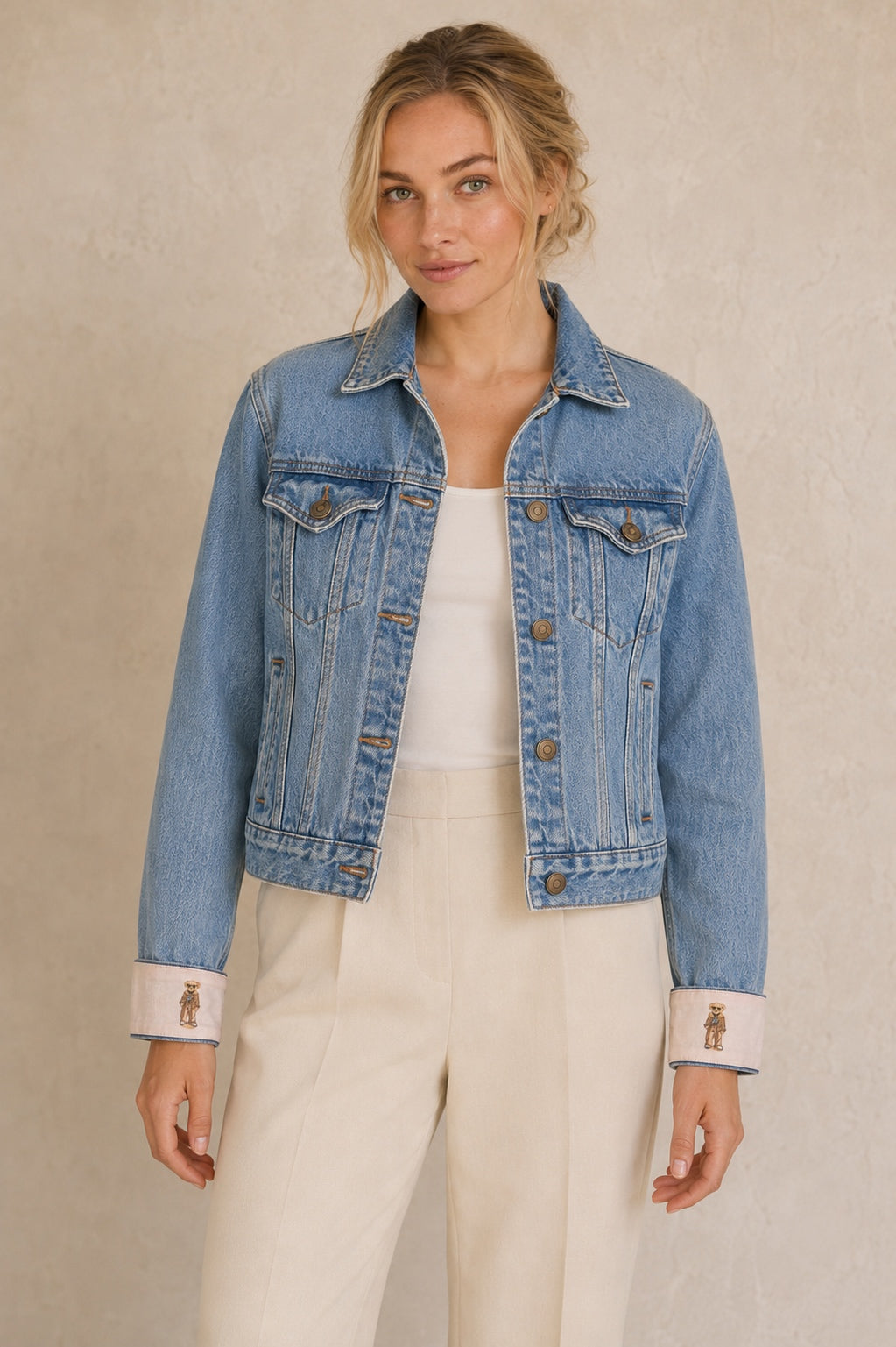 Second Soie denim jacket with vintage Polo Ralph Lauren Polo Bear scarf cuffs in blush pink on a model