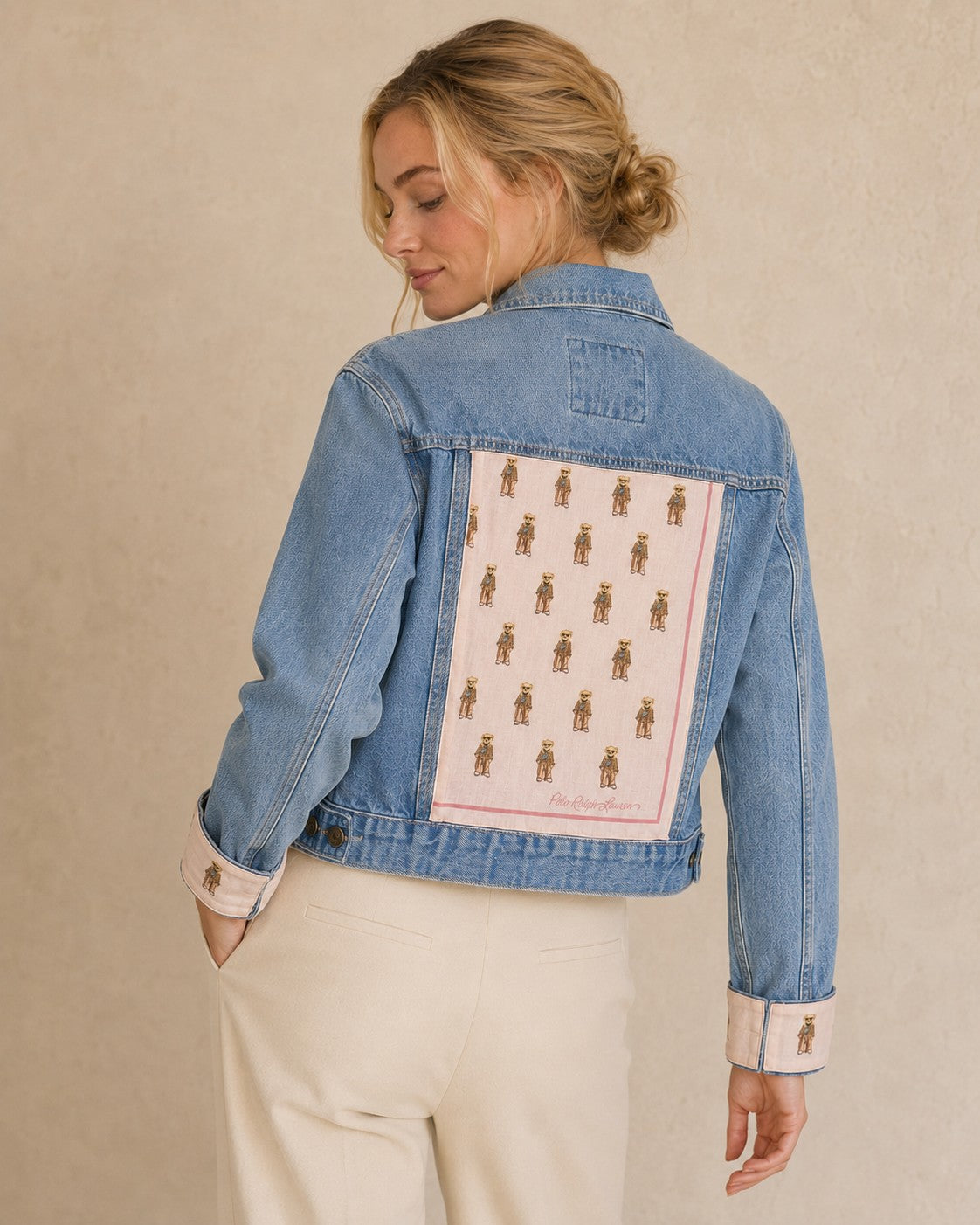 Second Soie denim jacket featuring a vintage Polo Ralph Lauren blush pink Polo Bear scarf panel on the back and cuffs