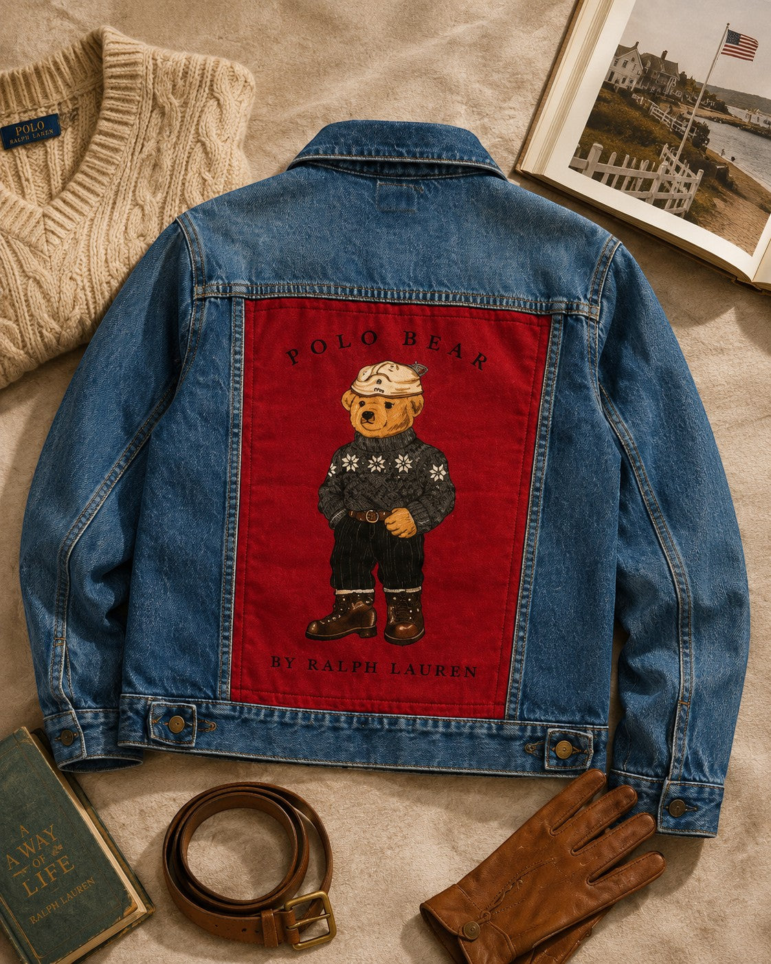 Second Soie vintage medium wash denim jacket featuring a large red panel with an embroidered Ralph Lauren Polo Bear.