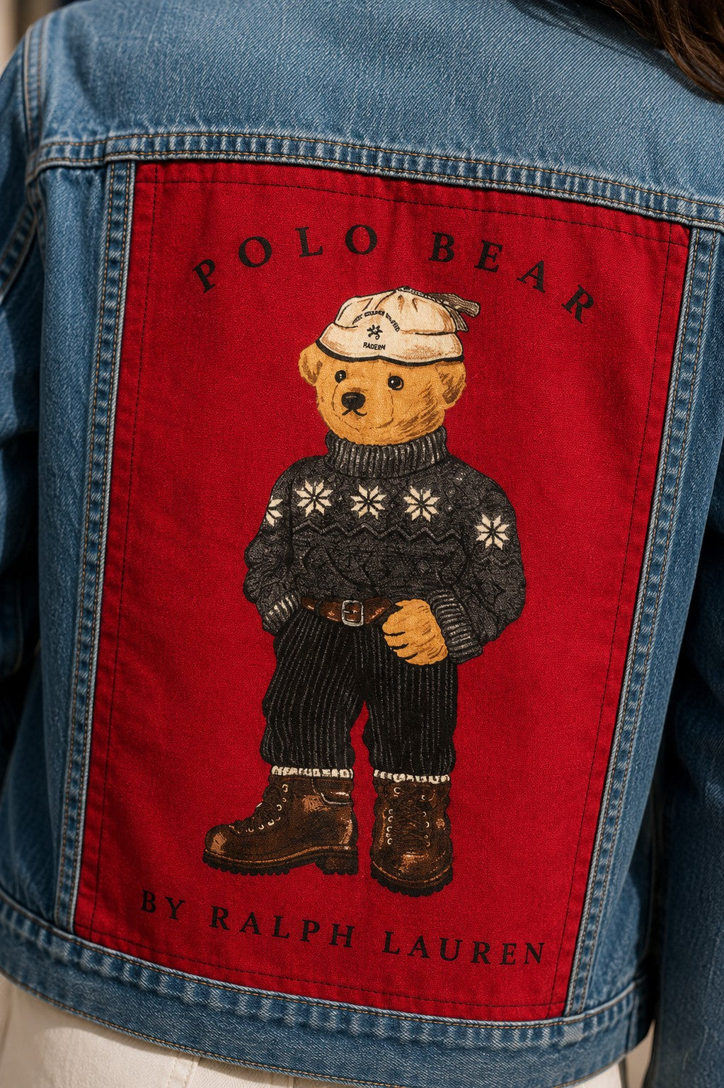 Second Soie vintage Ralph Lauren Polo Bear denim jacket featuring a red textile panel with a bear graphic on the back