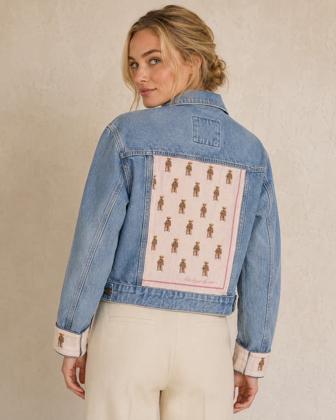 Second Soie denim jacket with vintage Polo Ralph Lauren blush Polo Bear scarf panel on back and convertible cuffs