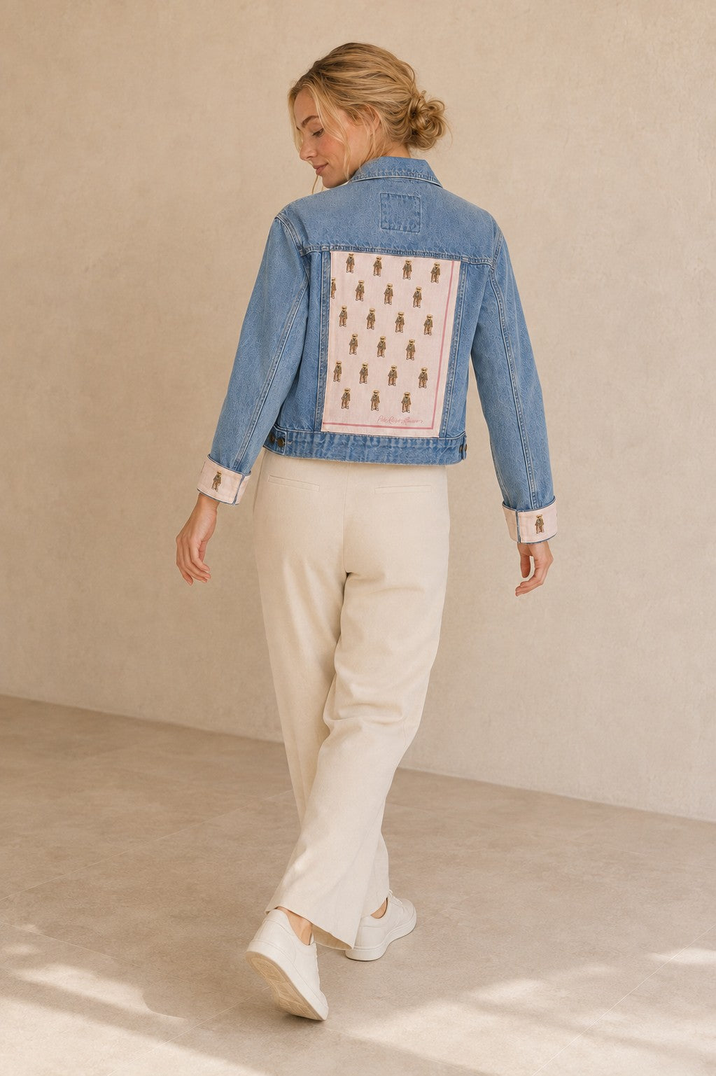 Second Soie denim jacket with vintage Polo Ralph Lauren blush Polo Bear scarf panel on back and convertible cuffs