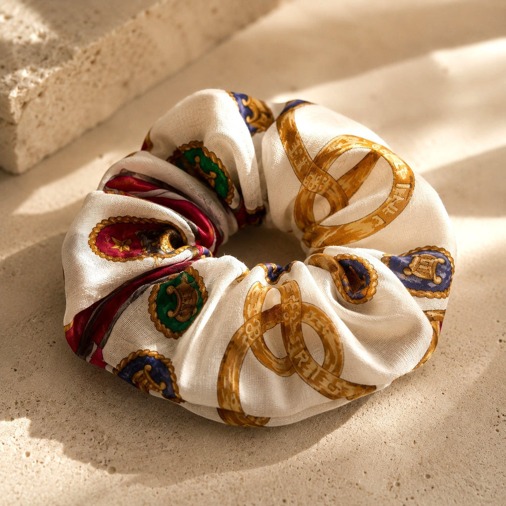 Second Soie oversized scrunchie made from a vintage Celine handkerchief with gold, blue, and red patterned silk