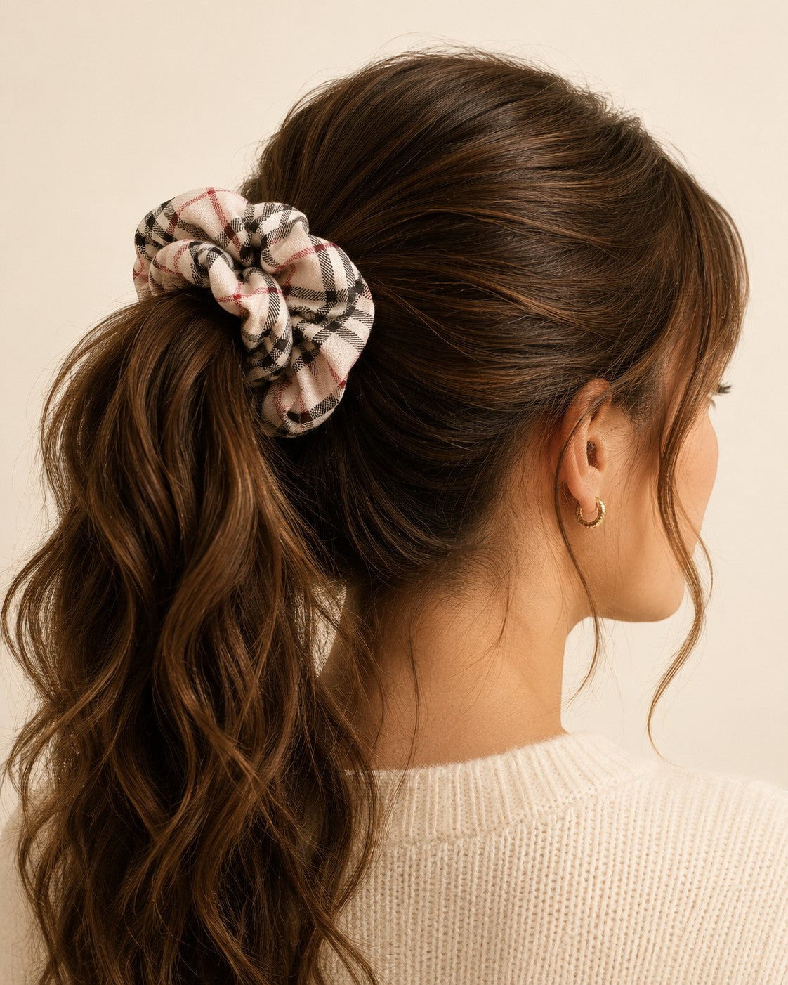 Second Soie jumbo plaid scrunchie made from vintage cotton fabric worn in a ponytail by a woman with brown hair