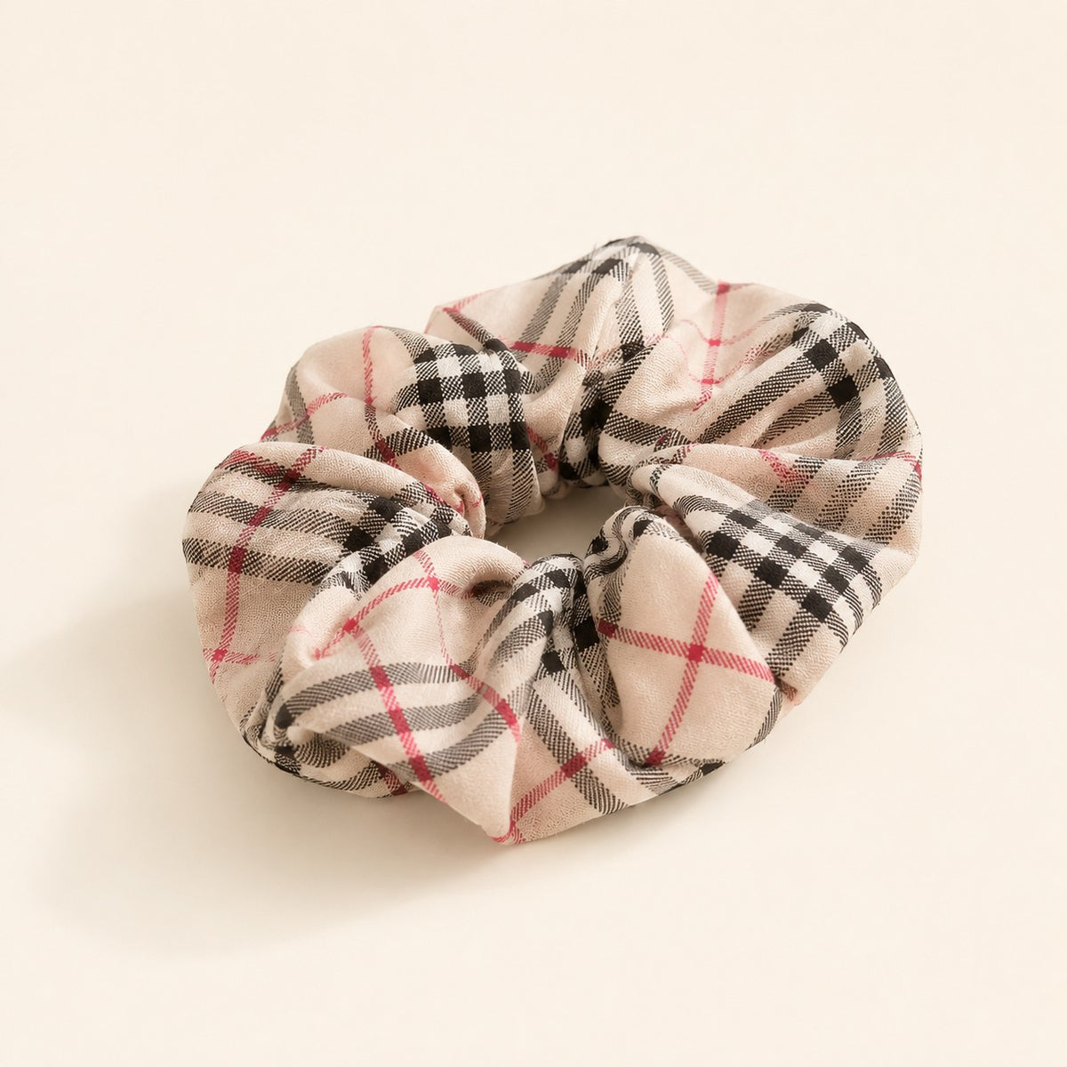 Second Soie jumbo scrunchie made from vintage neutral plaid cotton handkerchief with black and red check pattern