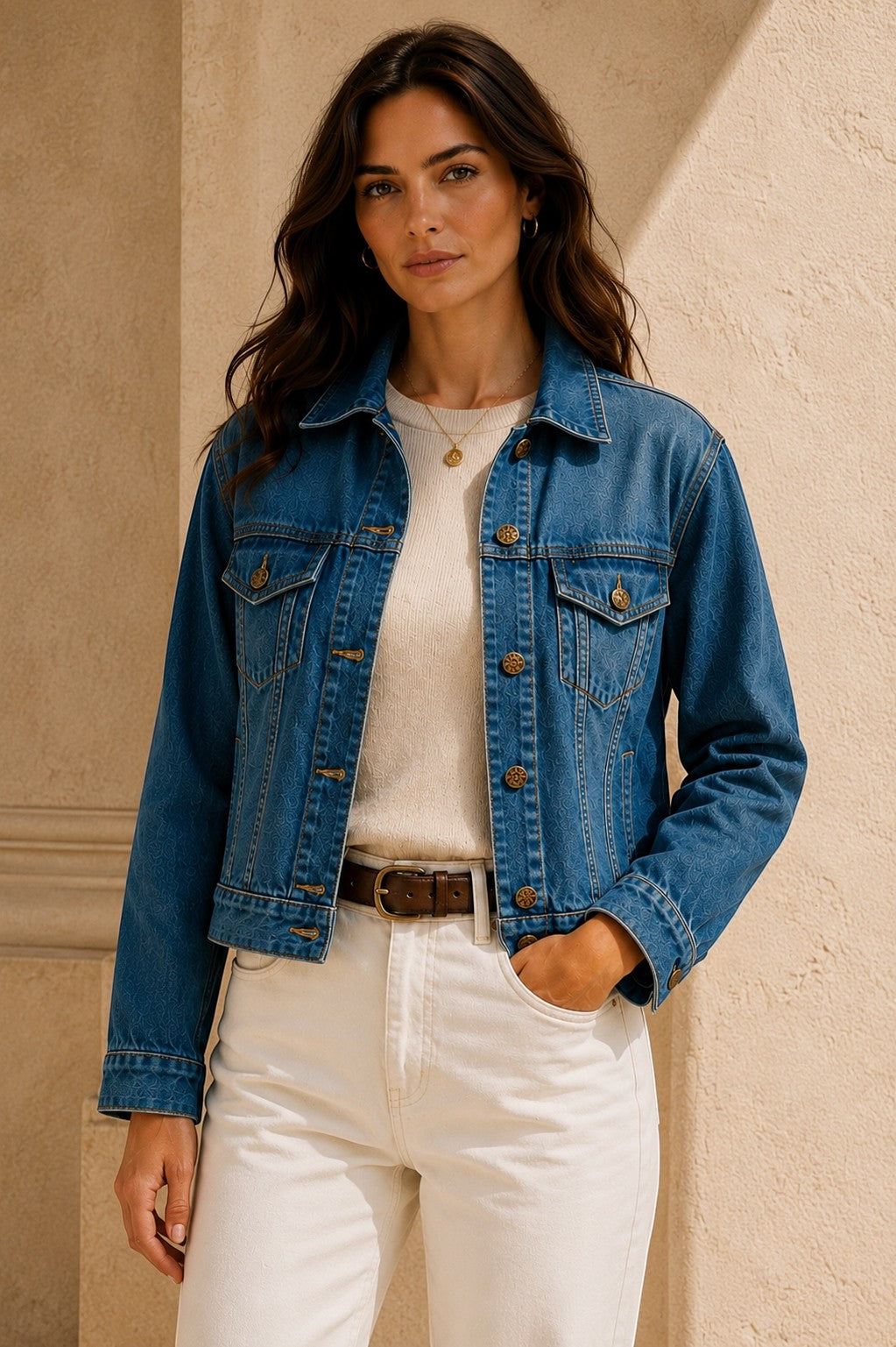 Model wearing a Second Soie medium wash denim jacket with vintage Ralph Lauren Polo Bear detail and brass buttons.