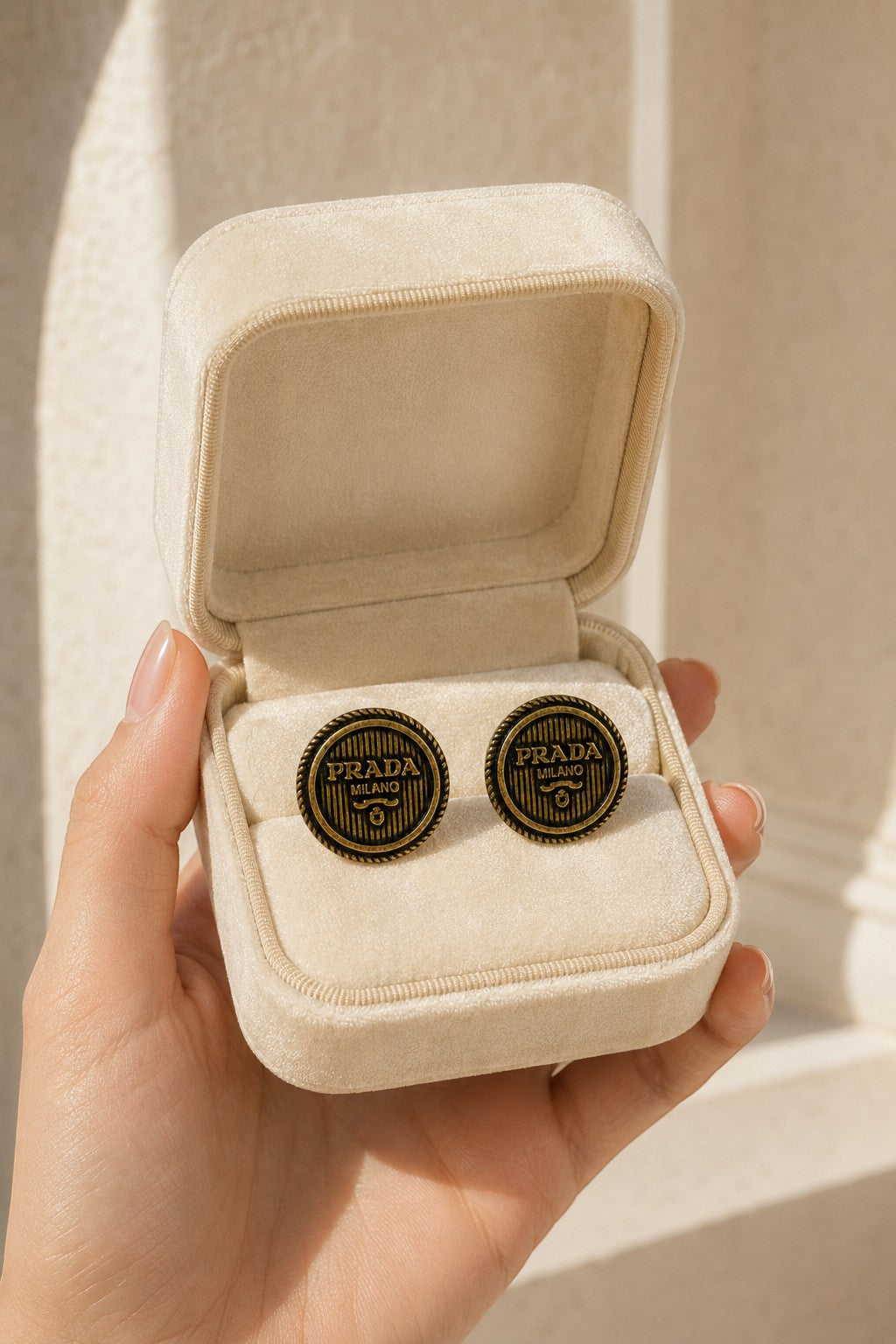 Second Soie handcrafted vintage Prada button earrings in antiqued gold-tone with a textured rope border in a box.