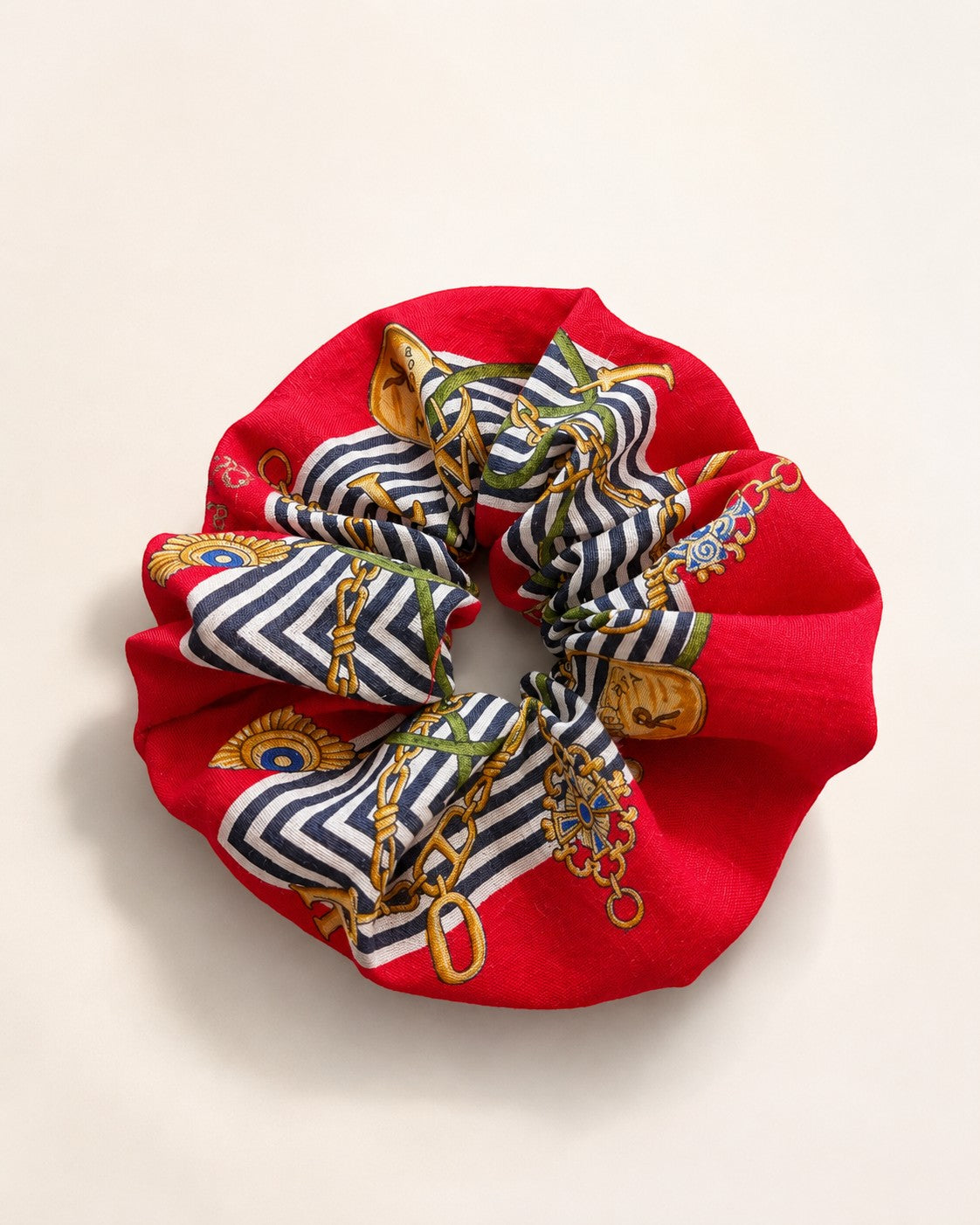 Second Soie vintage Roberta di Camerino red scrunchie with navy striped, gold chain, and medallion print