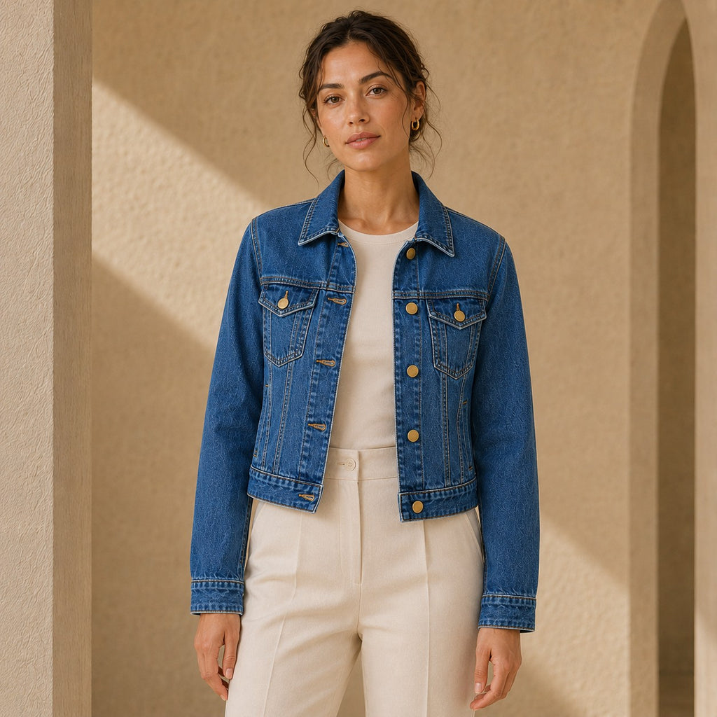 Second Soie medium-blue denim jacket with antique gold buttons worn by a model in a neutral, sunlit architectural space