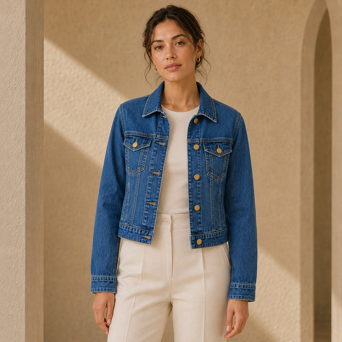 Second Soie medium-blue denim jacket with antique gold buttons worn by a model in a neutral, sunlit architectural space