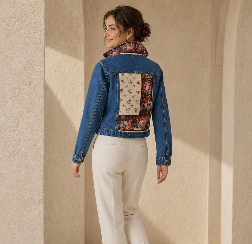 Second Soie cropped denim jacket featuring a vintage Yves Saint Laurent floral scarf back panel and convertible collar