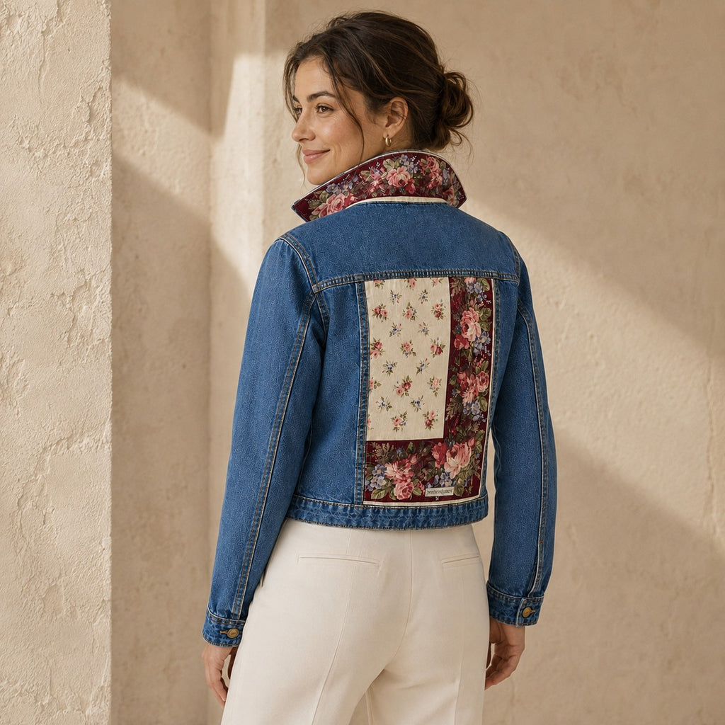 Second Soie denim jacket featuring a vintage YSL floral scarf panel on the back and a convertible rose-print collar.