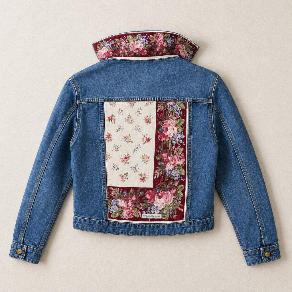 Second Soie cropped denim jacket featuring a vintage Yves Saint Laurent floral scarf panel on the back and collar.