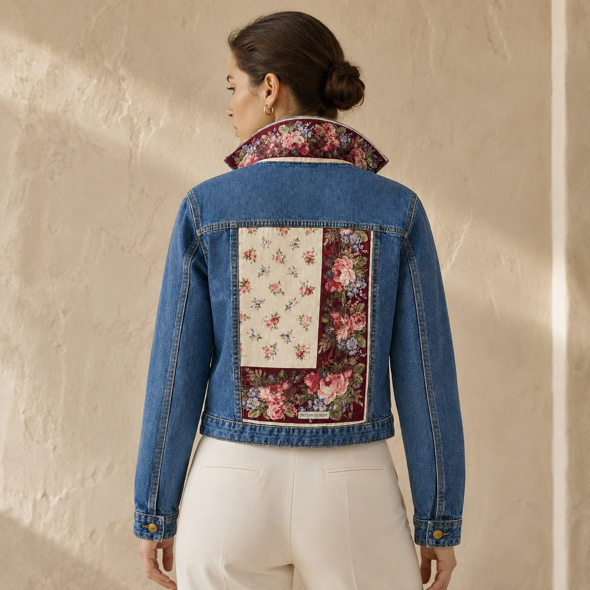 Second Soie medium-blue denim jacket with a vintage YSL floral scarf back panel and convertible collar, back view.