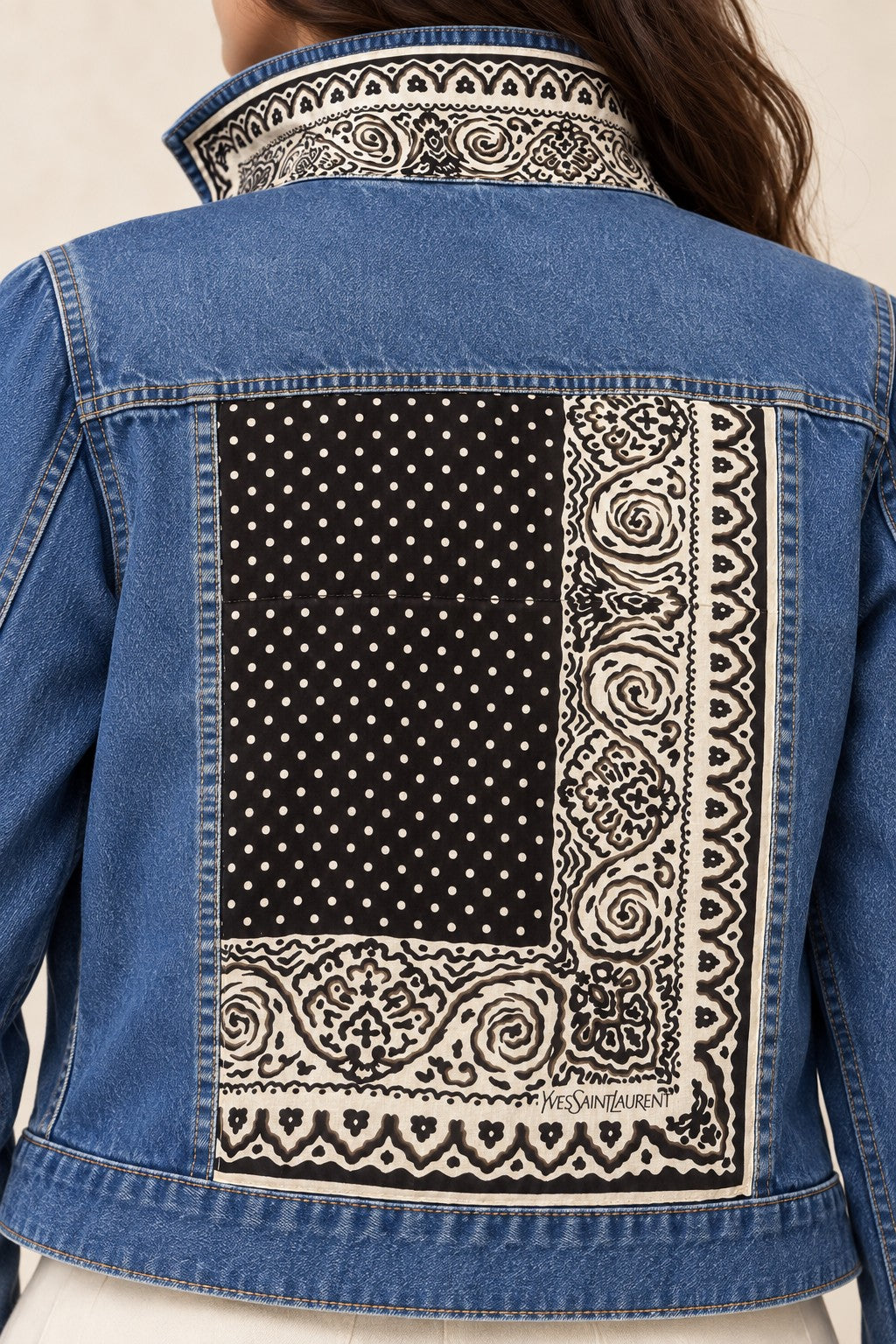 Second Soie medium-wash denim jacket featuring a vintage Yves Saint Laurent scarf panel with black and ivory paisley.