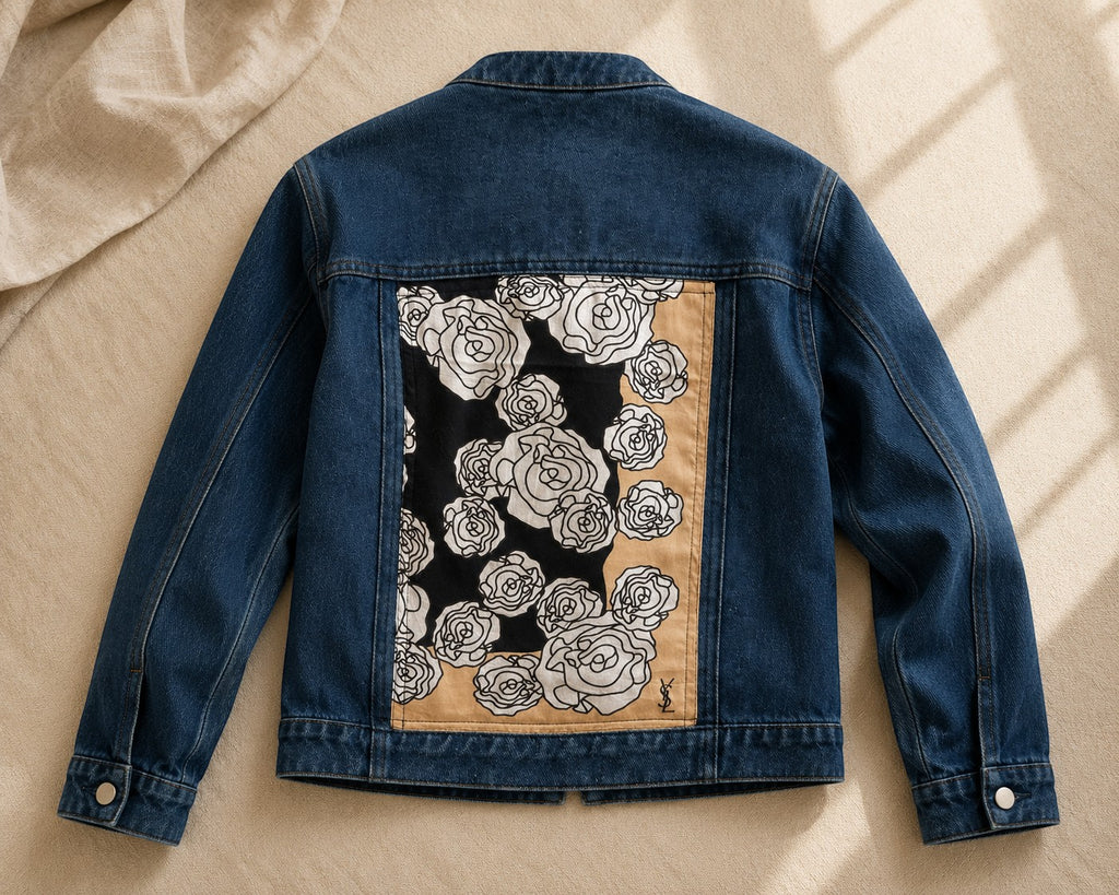 Second Soie cropped indigo denim jacket featuring a vintage Yves Saint Laurent scarf panel with white rose print.