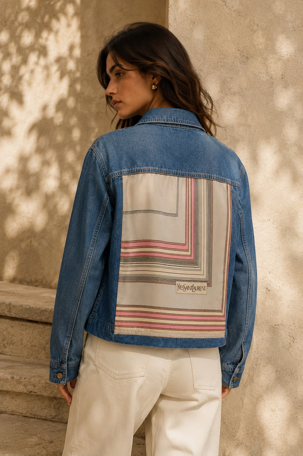 Second Soie denim jacket featuring a vintage Yves Saint Laurent scarf back panel in blush, ivory, taupe, and charcoal.