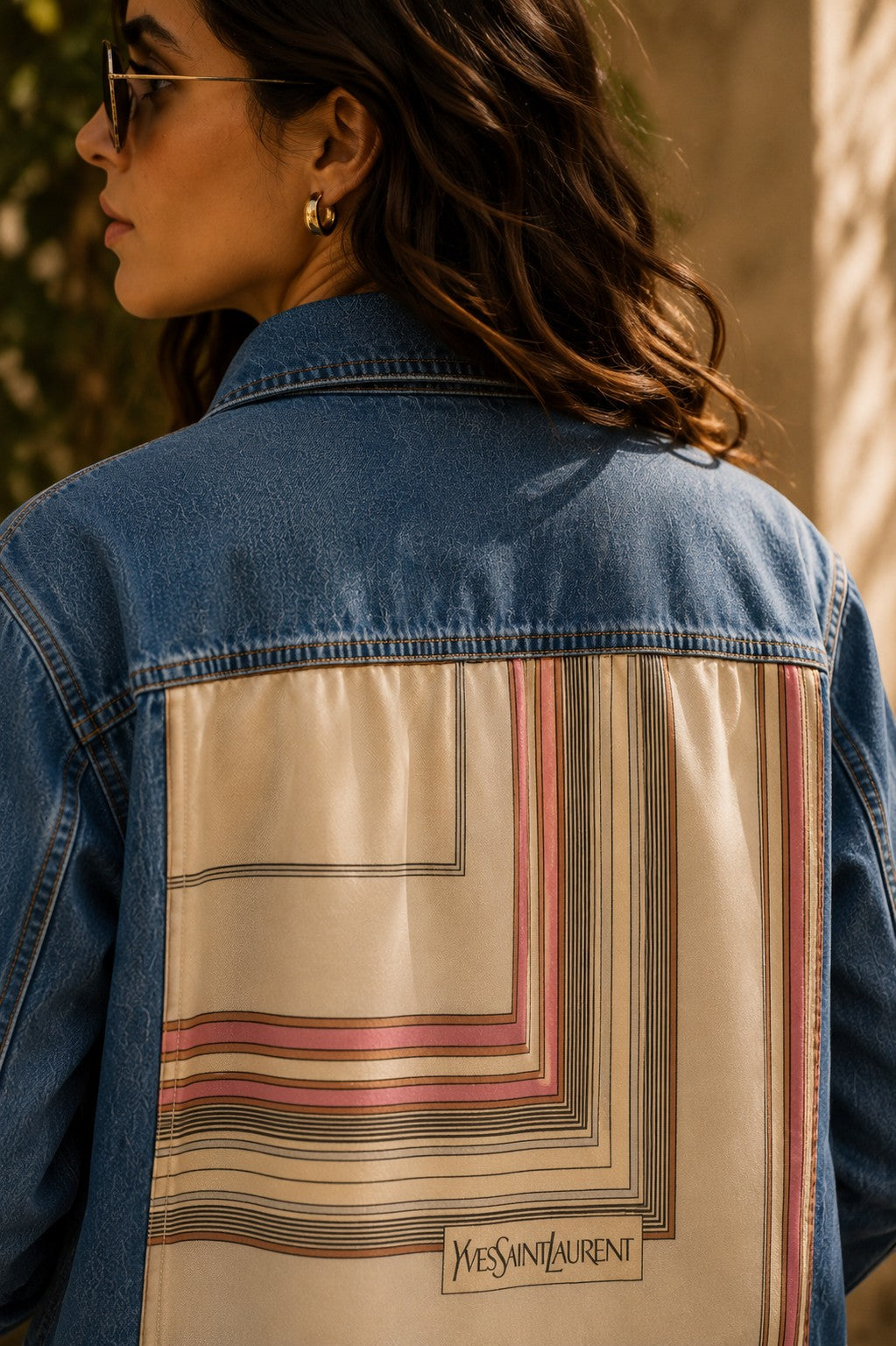 Second Soie denim jacket featuring a vintage Yves Saint Laurent scarf back panel with blush, ivory, and taupe stripes.